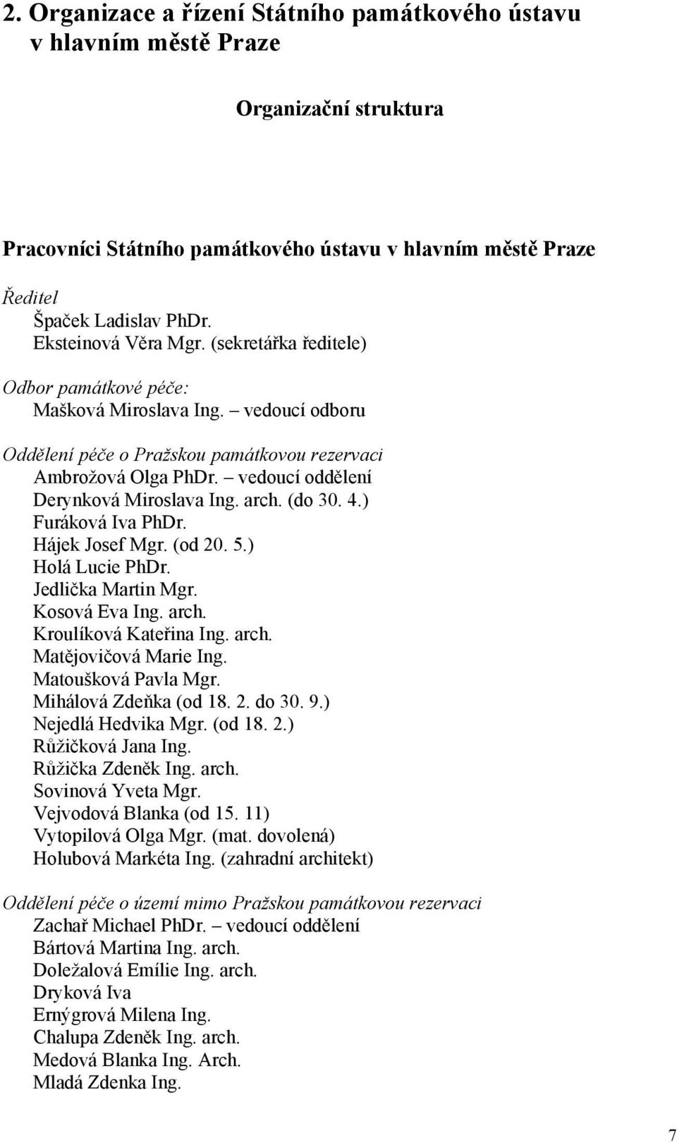 vedoucí oddělení Derynková Miroslava Ing. arch. (do 30. 4.) Furáková Iva PhDr. Hájek Josef Mgr. (od 20. 5.) Holá Lucie PhDr. Jedlička Martin Mgr. Kosová Eva Ing. arch. Kroulíková Kateřina Ing. arch. Matějovičová Marie Ing.