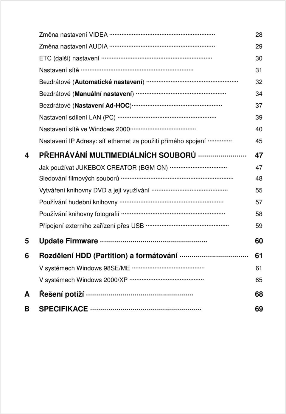 používat JUKEBOX CREATOR (BGM ON) 47 Sledování filmových souborů 48 Vytváření knihovny DVD a její využívání 55 Používání hudební knihovny 57 Používání knihovny fotografií 58 Připojení