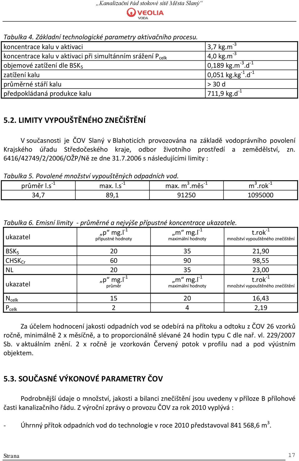 LIMITY VYPOUŠTĚNÉHO ZNEČIŠTĚNÍ V současnosti je ČOV Slaný v Blahoticích provozována na základě vodoprávního povolení Krajského úřadu Středočeského kraje, odbor životního prostředí a zemědělství, zn.