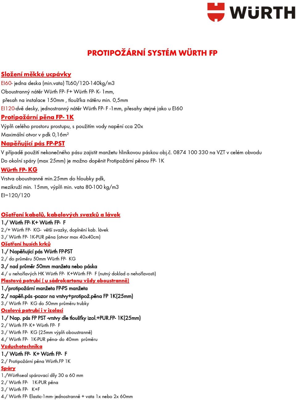 0,16m² Napěňující pás FP-PST V případě použití nekonečného pásu zajistit manžetu hliníkovou páskou obj.č. 0874 100 330 na VZT v celém obvodu Do okolní spáry (max 25mm) je možno dopěnit Protipožární pěnou FP- 1K Würth FP- KG Vrstva oboustranně min.