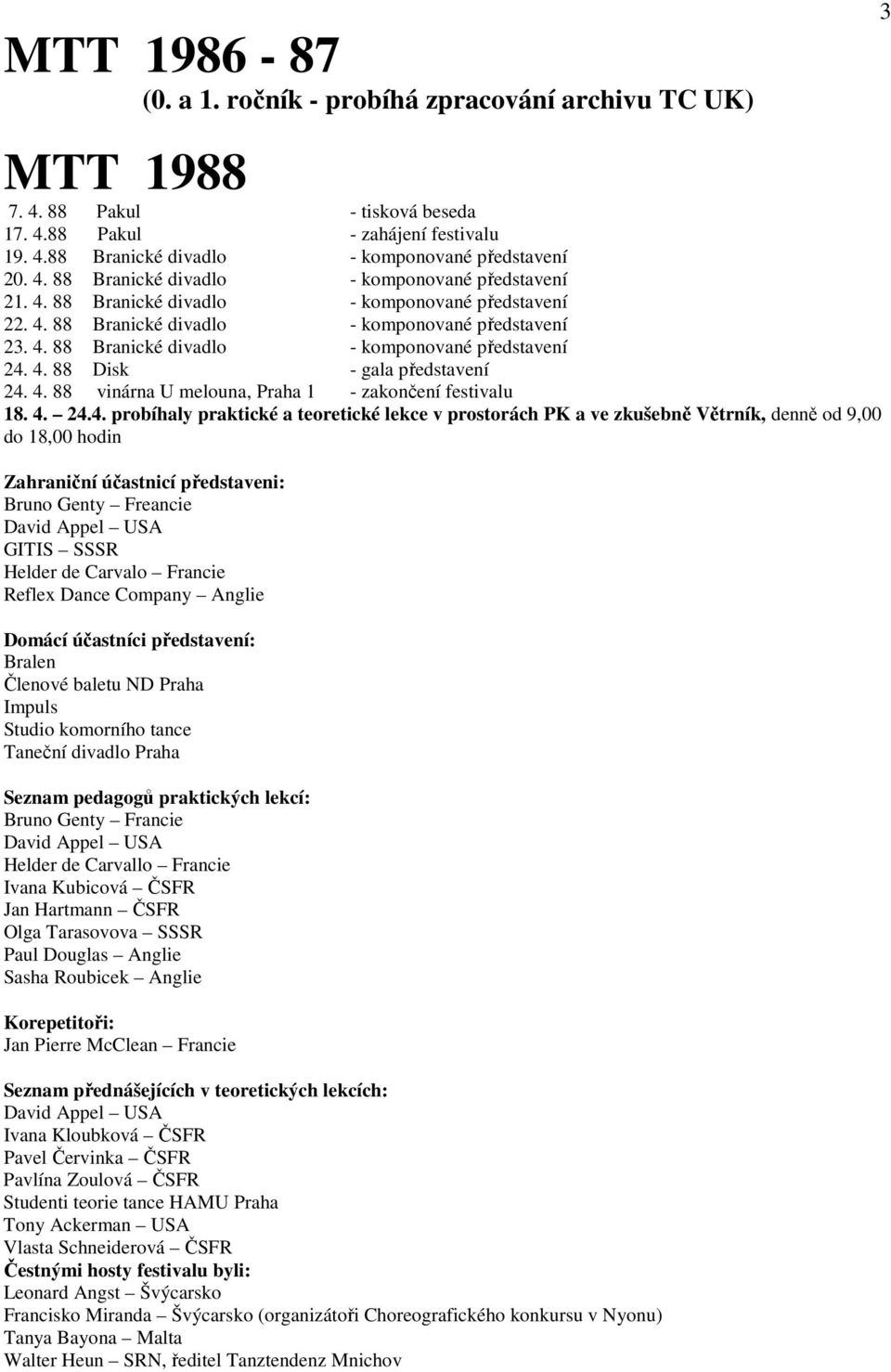 4. 24.4. probíhaly praktické a teoretické lekce v prostorách PK a ve zkušebně Větrník, denně od 9,00 do 18,00 hodin Zahraniční účastnicí představeni: Bruno Genty Freancie David Appel USA GITIS SSSR