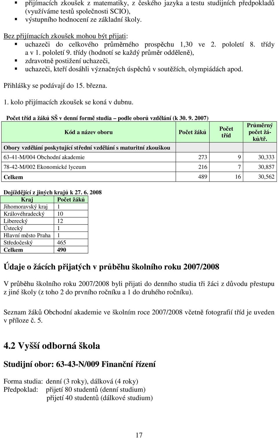 třídy (hodnotí se každý průměr odděleně), zdravotně postižení uchazeči, uchazeči, kteří dosáhli význačných úspěchů v soutěžích, olympiádách apod. Přihlášky se podávají do 15