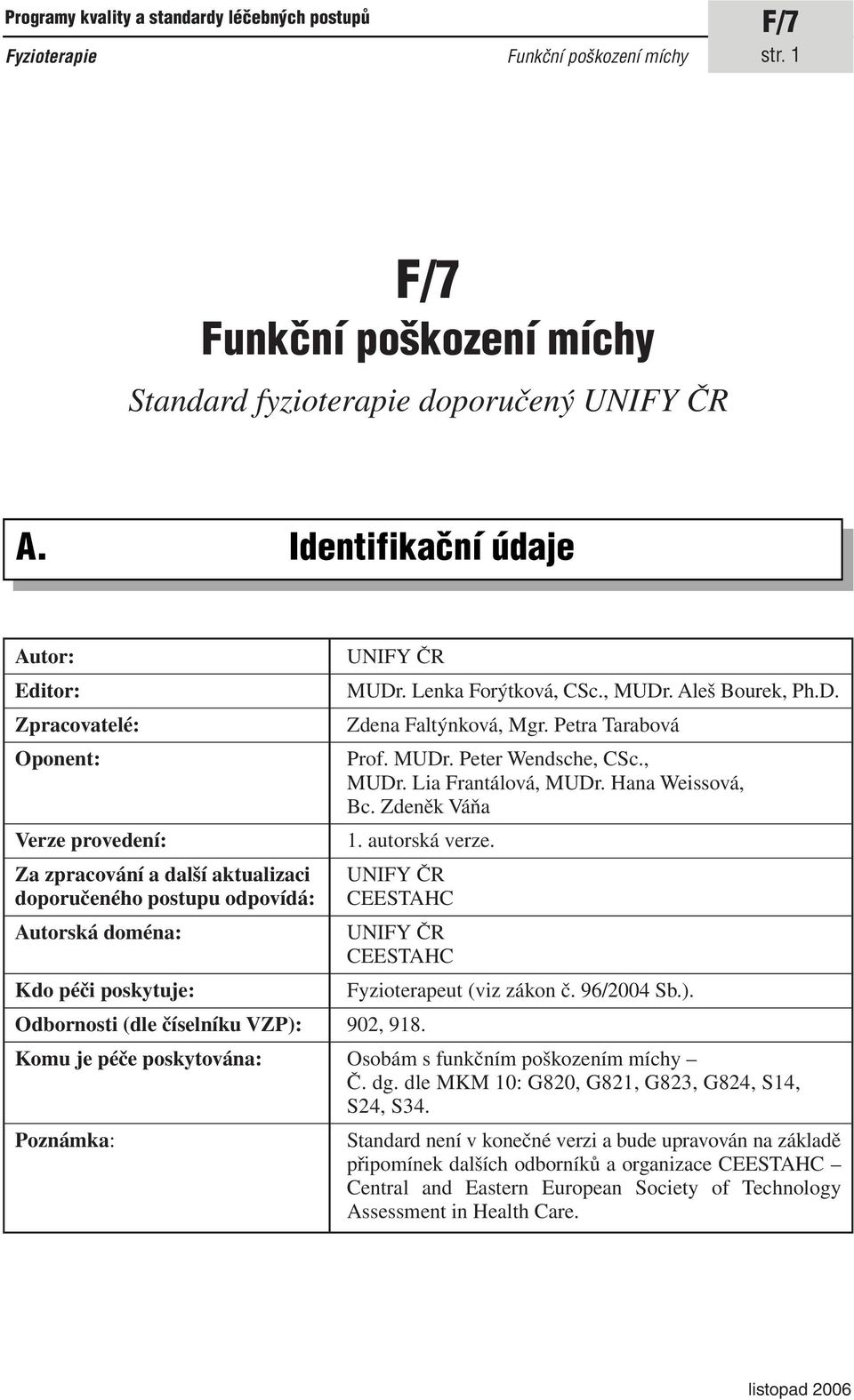 Lenka Forýtková, CSc., MUDr. Aleš Bourek, Ph.D. Zdena Faltýnková, Mgr. Petra Tarabová Prof. MUDr. Peter Wendsche, CSc., MUDr. Lia Frantálová, MUDr. Hana Weissová, Bc. Zdeněk Váňa 1. autorská verze.