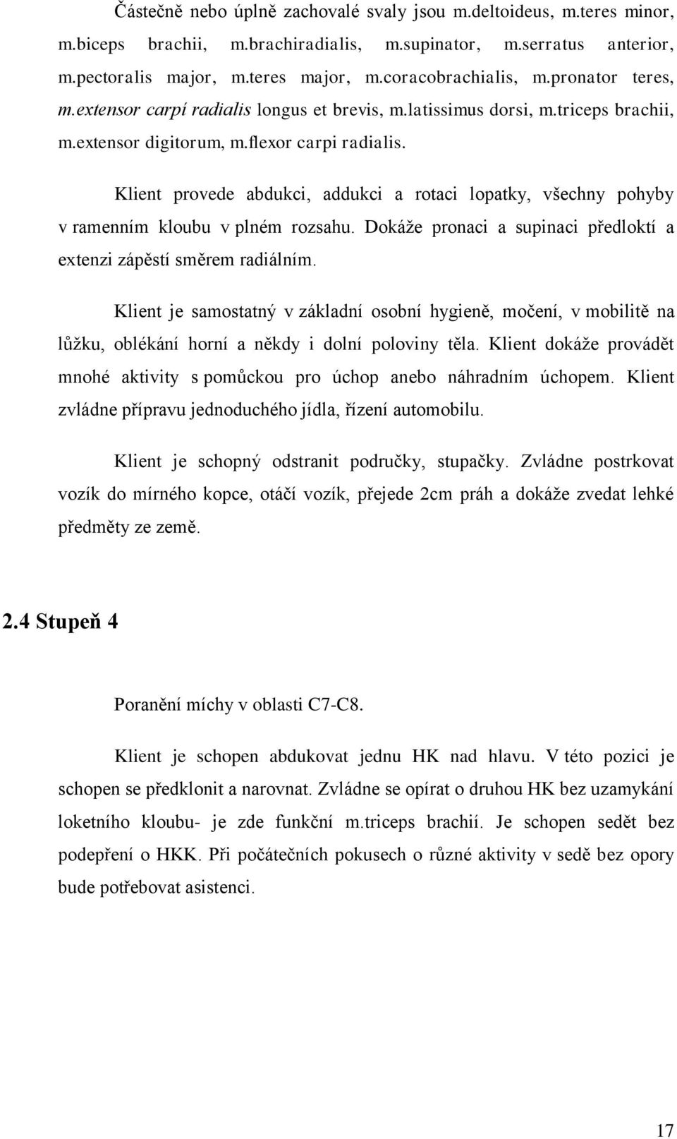 Klient provede abdukci, addukci a rotaci lopatky, všechny pohyby v ramenním kloubu v plném rozsahu. Dokáže pronaci a supinaci předloktí a extenzi zápěstí směrem radiálním.