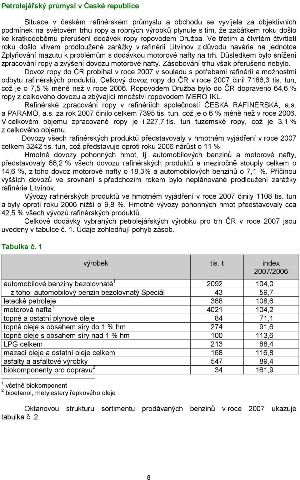 Ve třetím a čtvrtém čtvrtletí roku došlo vlivem prodloužené zarážky v rafinérii Litvínov z důvodu havárie na jednotce Zplyňování mazutu k problémům s dodávkou motorové nafty na trh.