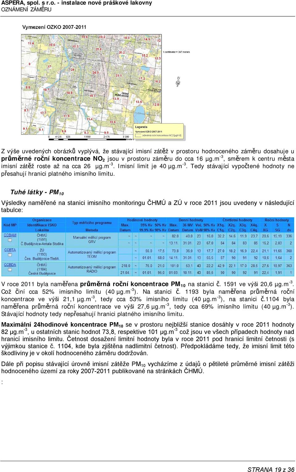 Tuhé látky - PM 10 Výsledky naměřené na stanici imisního monitoringu ČHMÚ a ZÚ v roce 2011 jsou uvedeny v následující tabulce: V roce 2011 byla naměřena průměrná roční koncentrace PM 10 na stanici č.