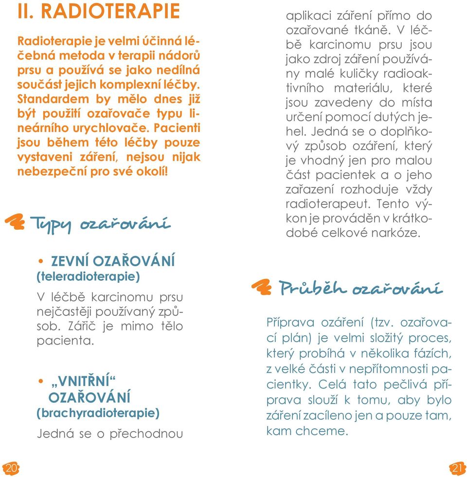 Typy ozařování ZEVNÍ OZAŘOVÁNÍ (teleradioterapie) V léčbě karcinomu prsu nejčastěji používaný způsob. Zářič je mimo tělo pacienta.