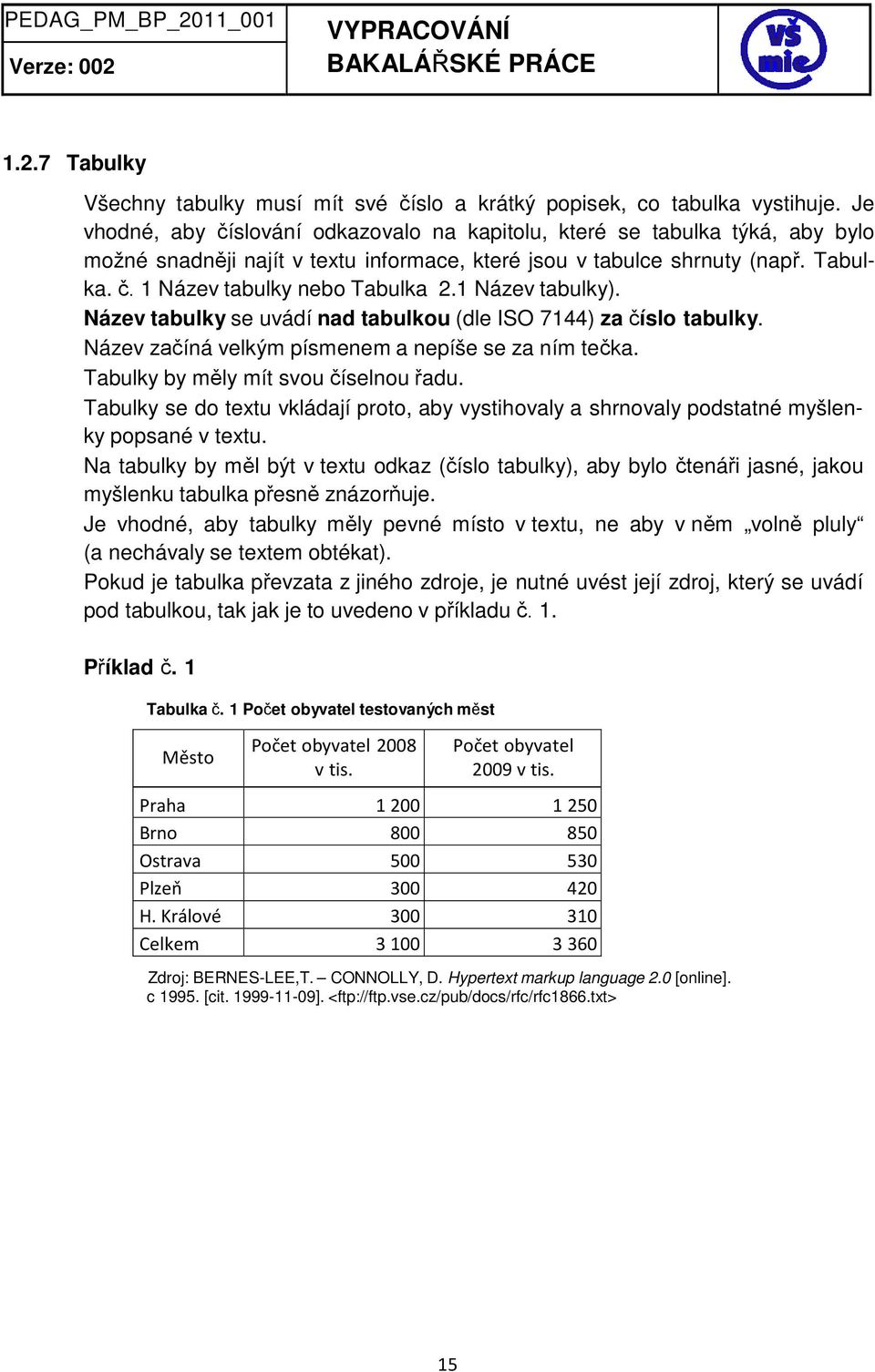 1 Název tabulky). Název tabulky se uvádí nad tabulkou (dle ISO 7144) za číslo tabulky. Název začíná velkým písmenem a nepíše se za ním tečka. Tabulky by měly mít svou číselnou řadu.