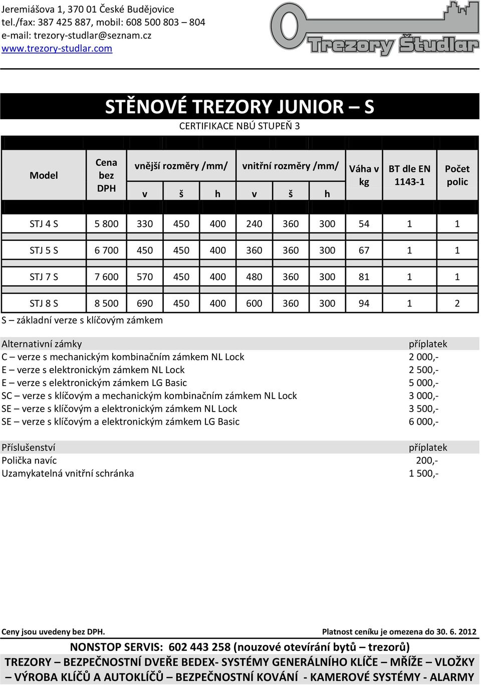 mechanickým kombinačním zámkem NL Lock 2 000,- E verze s elektronickým zámkem NL Lock 2 500,- E verze s elektronickým zámkem LG Basic 5 000,- SC verze s klíčovým a mechanickým kombinačním zámkem