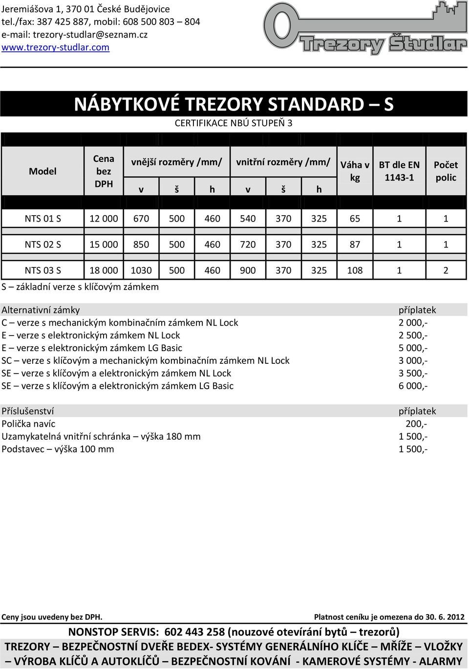 000,- E verze s elektronickým zámkem NL Lock 2 500,- E verze s elektronickým zámkem LG Basic 5 000,- SC verze s klíčovým a mechanickým kombinačním zámkem NL Lock 3 000,- SE verze s klíčovým a