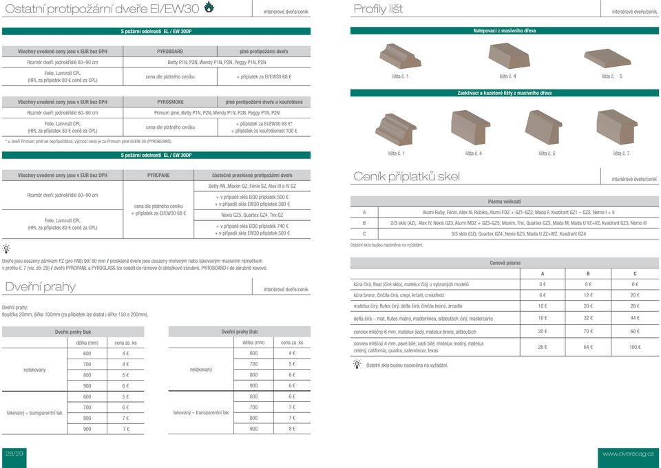 5 Všechny uvedené ceny jsou v EUR bez DPH PYROSMOKE plné protipožární dveře a kouřotěsné Zasklívací a kazetové lišty z masivního dřeva Rozměr dveří: jednokřídlé 60 90 Primum plné, Betty P1N, P2N,