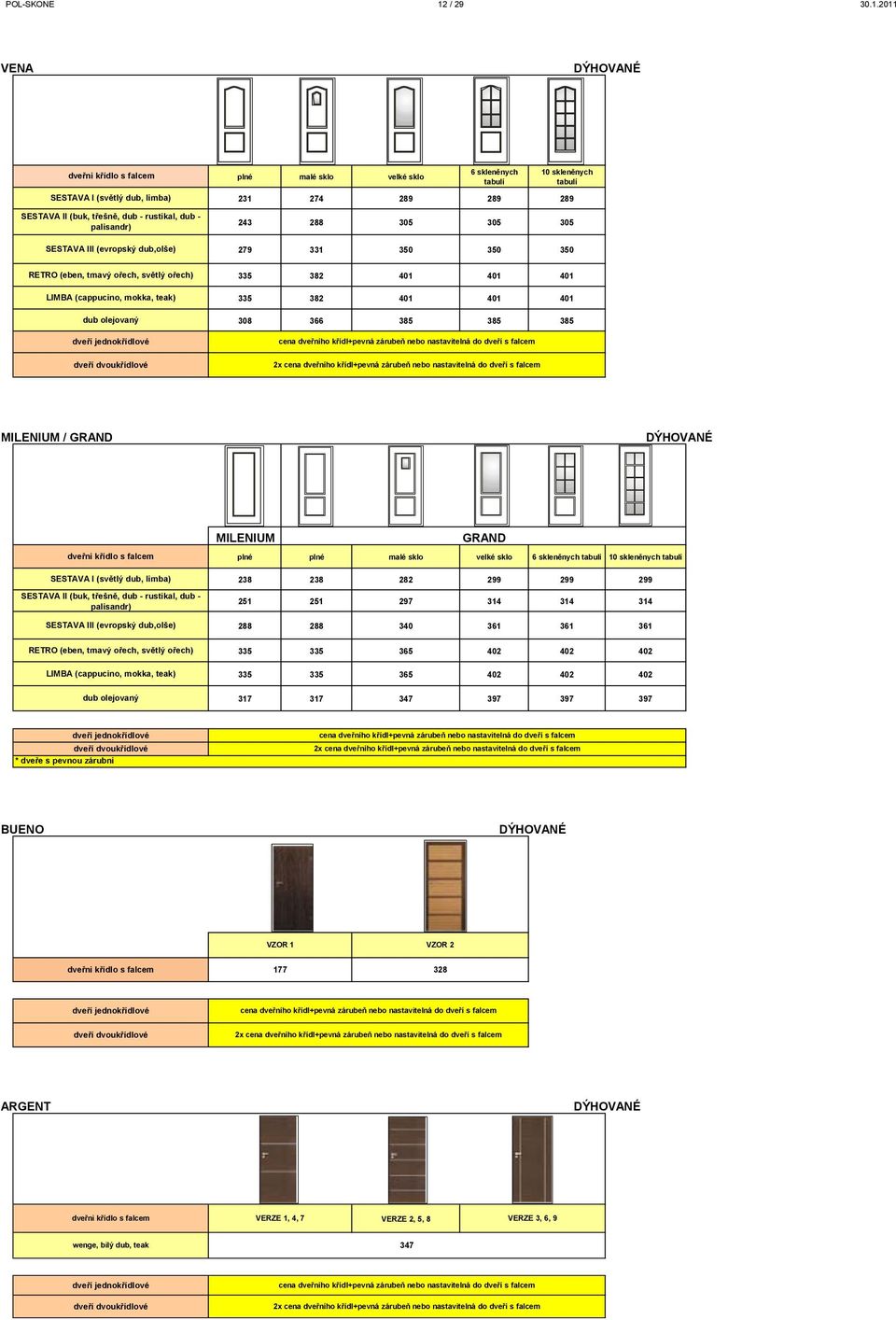 2011 VENA malé sklo velké sklo 6 skleněnych 10 skleněnych SESTAVA I (světlý dub, limba) SESTAVA II (buk, třešně, dub - rustikal, dub - palisandr) 231 274 289 289 289 243 288 305 305 305 SESTAVA III