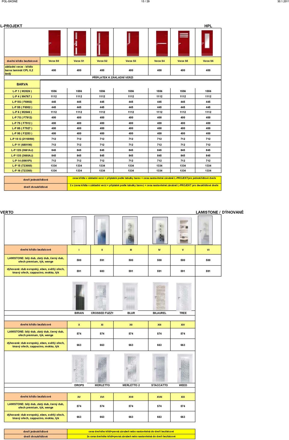 2011 L-PROJEKT HPL dveřni křídlo bezfalcové Verze S0 Verze S1 Verze S2 Verze S3 Verze S4 Verze S5 Verze S6 základní verze - křídlo barva laminát CPL 0,2 šedý 400 400 400 400 400 400 400 PŘÍPLATEK K