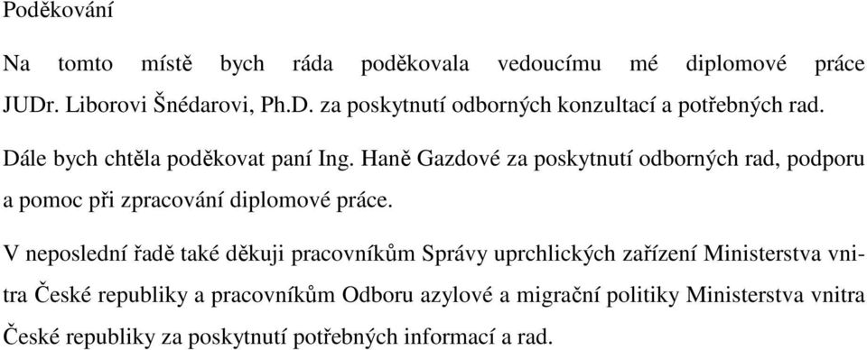 Haně Gazdové za poskytnutí odborných rad, podporu a pomoc při zpracování diplomové práce.