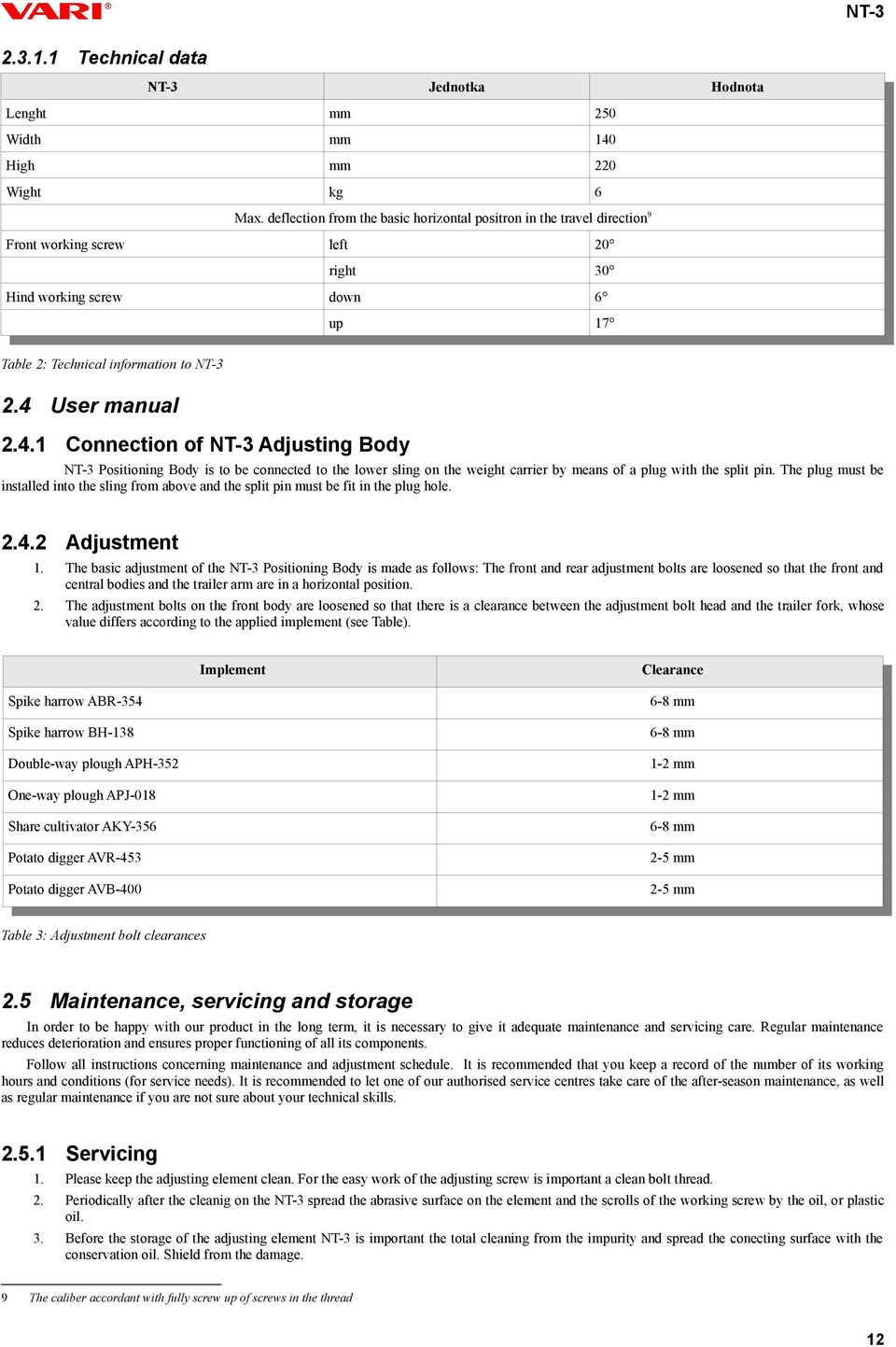 User manual 2.4.1 Connection of NT-3 Adjusting Body NT-3 Positioning Body is to be connected to the lower sling on the weight carrier by means of a plug with the split pin.