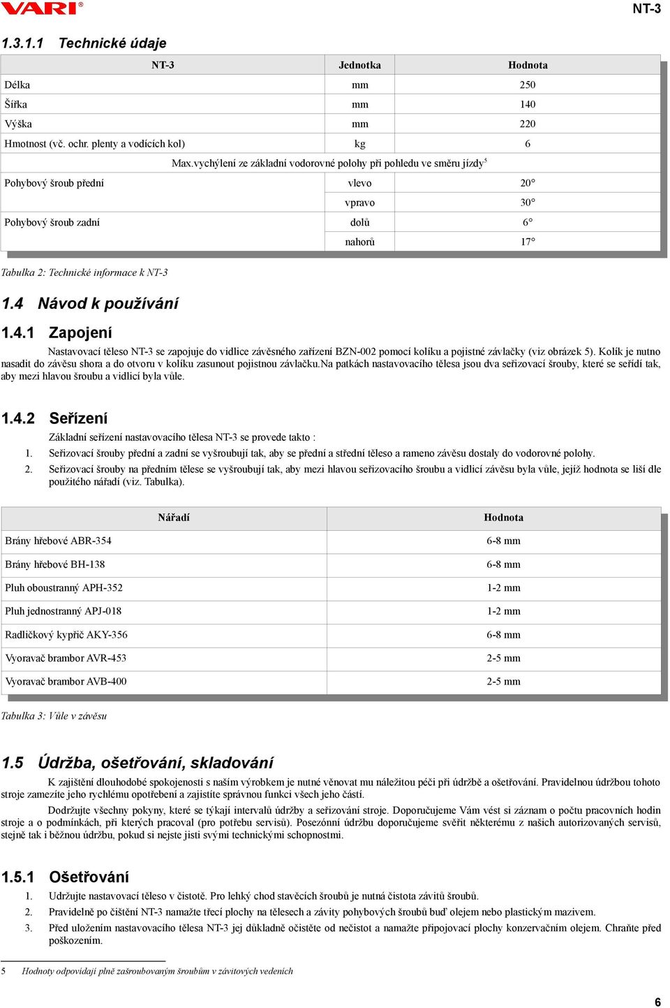 4 Návod k používání 1.4.1 Zapojení Nastavovací těleso NT-3 se zapojuje do vidlice závěsného zařízení BZN-002 pomocí kolíku a pojistné závlačky (viz obrázek 5).