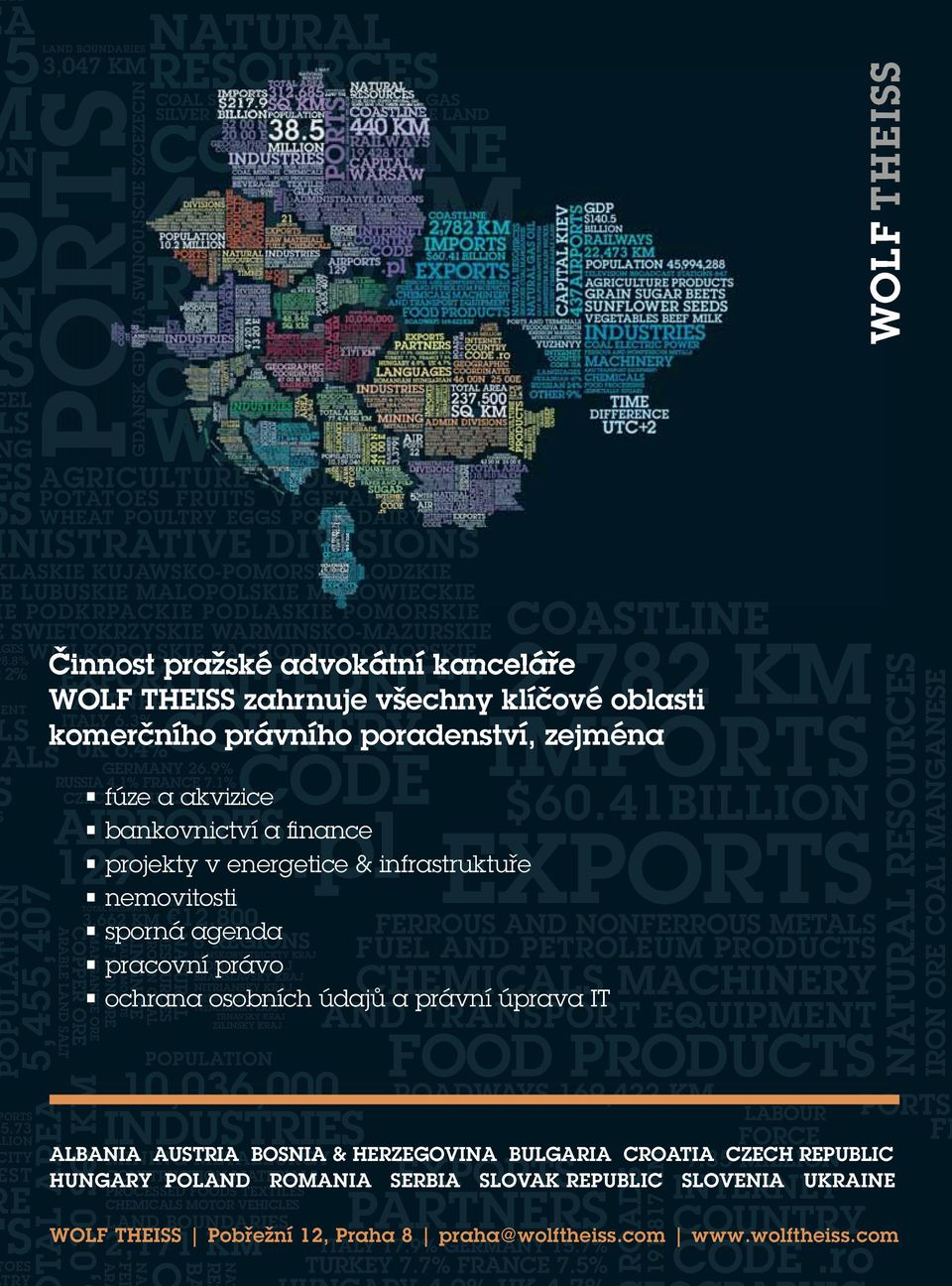 41BILLION EXPORTS projekty v energetice & infrastruktuře 129 TAL AREA,030 SQ KM ITY ST E S OES TRY LAND BOUNDARIES 3,047 KM NI A SWINOUJSCIE SZCEZECIN GDANSK G DYNI Činnost pražské advokátní