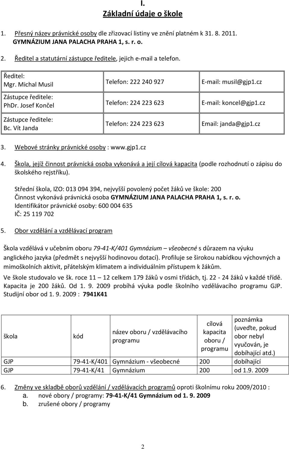 Vít Janda Telefon: 224 223 623 Email: janda@gjp1.cz 3. Webové stránky právnické osoby : www.gjp1.cz 4.