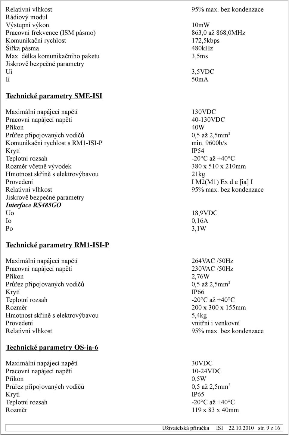 rychlost s RM1-ISI-P Krytí Teplotní rozsah Rozměr včetně vývodek Hmotnost skříně s elektrovýbavou Provedení Relativní vlhkost Jiskrově bezpečné parametry Interface RS485GO Uo Io Po 130VDC 40-130VDC