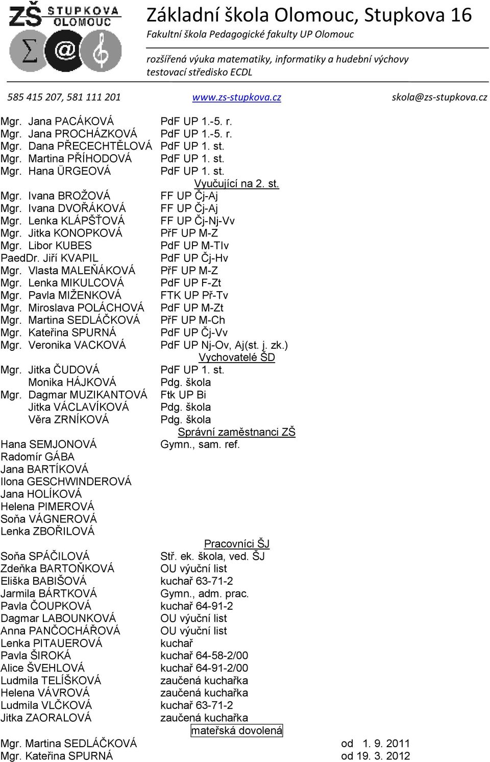 Lenka MIKULCOVÁ PdF UP F-Zt Mgr. Pavla MIŽENKOVÁ FTK UP Př-Tv Mgr. Miroslava POLÁCHOVÁ PdF UP M-Zt Mgr. Martina SEDLÁČKOVÁ PřF UP M-Ch Mgr. Kateřina SPURNÁ PdF UP Čj-Vv Mgr.