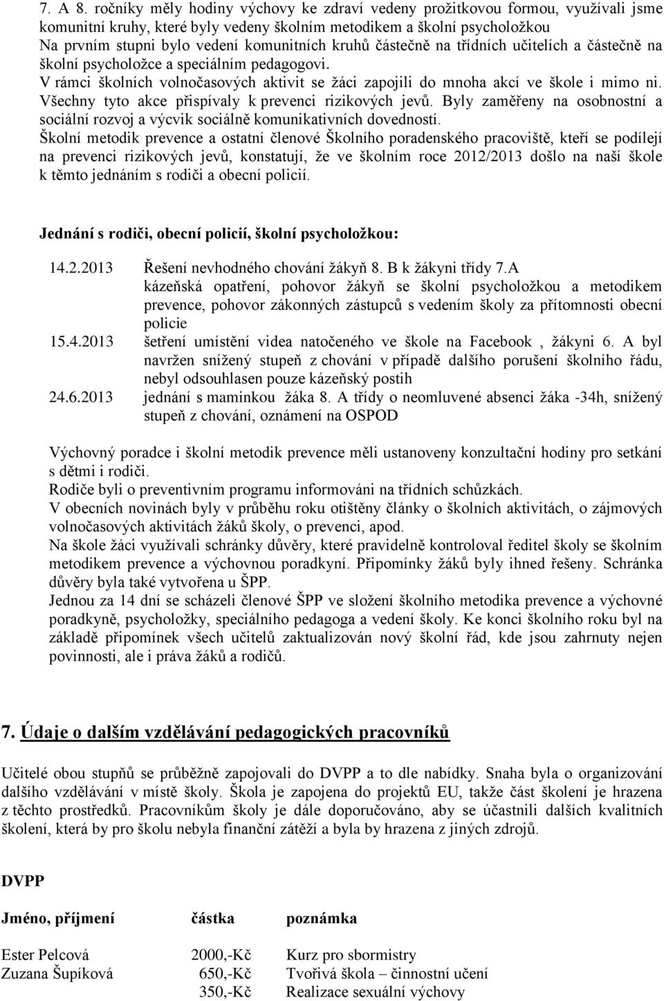 kruhů částečně na třídních učitelích a částečně na školní psycholožce a speciálním pedagogovi. V rámci školních volnočasových aktivit se žáci zapojili do mnoha akcí ve škole i mimo ni.