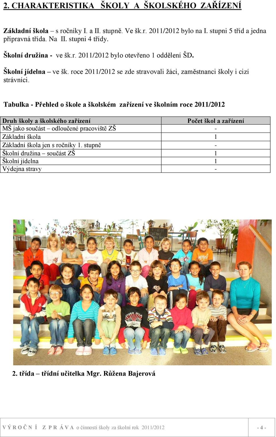 Tabulka - Přehled o škole a školském zařízení ve školním roce 2011/2012 Druh školy a školského zařízení Počet škol a zařízení MŠ jako součást odloučené pracoviště ZŠ - Základní škola 1