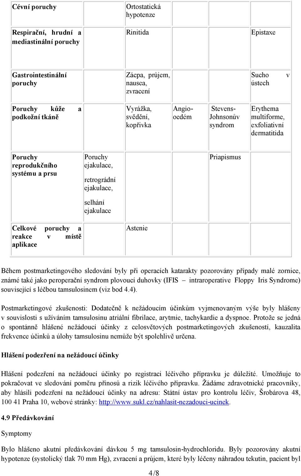 selhání ejakulace Priapismus Celkové poruchy a reakce v místě aplikace Astenie Během postmarketingového sledování byly při operacích katarakty pozorovány případy malé zornice, známé také jako