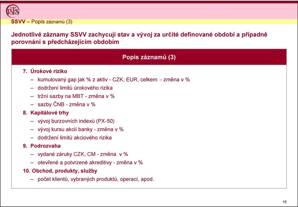 % sazby ČNB - změna v % 8. Kapitálové trhy vývoj burzovních indexů (PX-50) vývoj kursu akcií banky - změna v % dodržení limitů akciového rizika 9.