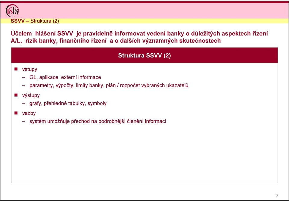 externí informace Struktura SSVV (2) parametry, výpočty, limity banky, plán / rozpočet vybraných