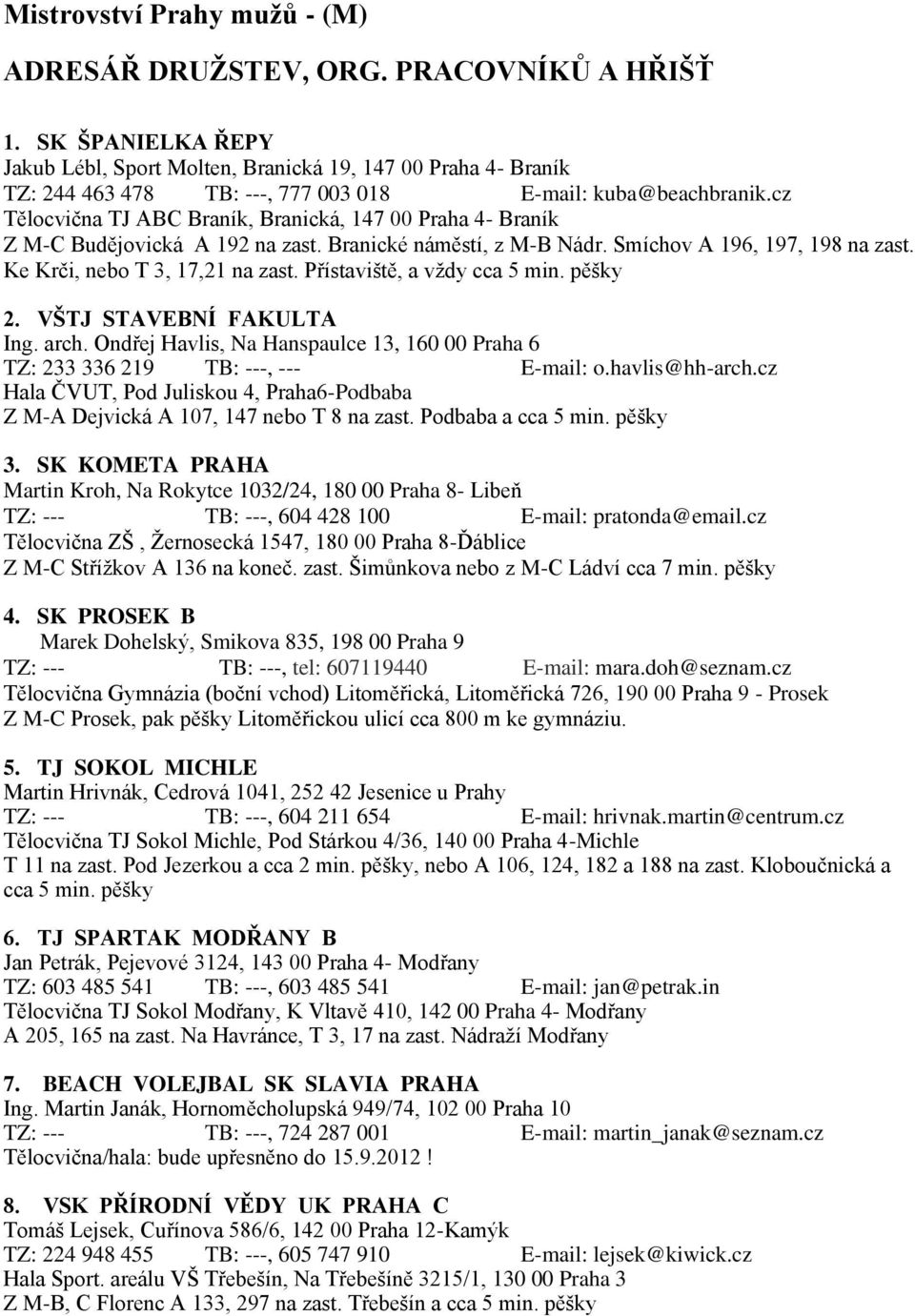 cz Tělocvična TJ ABC Braník, Branická, 147 00 Praha 4- Braník Z M-C Budějovická A 192 na zast. Branické náměstí, z M-B Nádr. Smíchov A 196, 197, 198 na zast. Ke Krči, nebo T 3, 17,21 na zast.