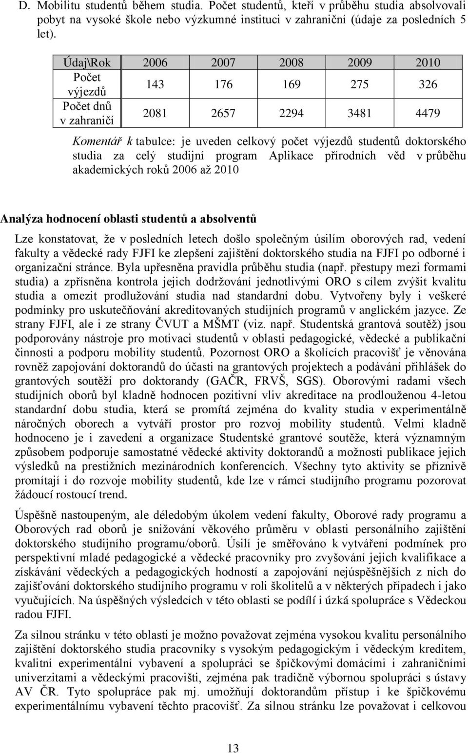 celý studijní program Aplikace přírodních věd v průběhu akademických roků 2006 až 2010 Analýza hodnocení oblasti studentů a absolventů Lze konstatovat, že v posledních letech došlo společným úsilím