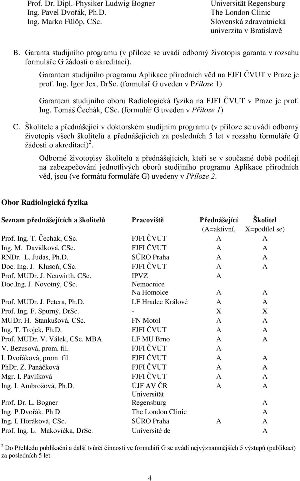 Igor Jex, DrSc. (formulář G uveden v Příloze 1) Garantem studijního oboru Radiologická fyzika na v Praze je prof. Ing. Tomáš Čechák, CSc. (formulář G uveden v Příloze 1) C.