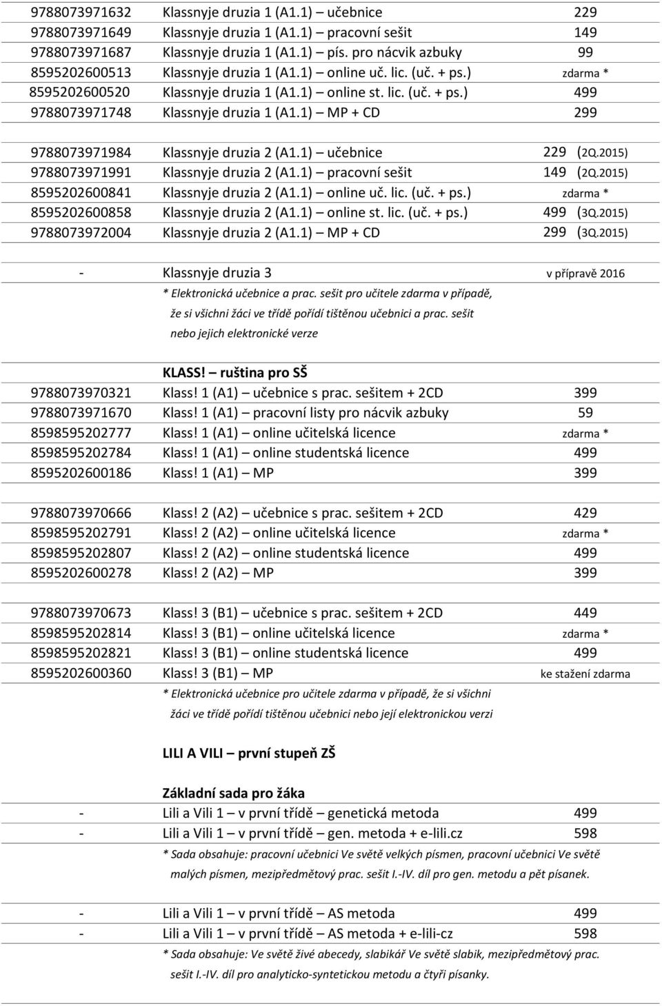 1) MP + CD 299 9788073971984 Klassnyje druzia 2 (A1.1) učebnice 229 (2Q.2015) 9788073971991 Klassnyje druzia 2 (A1.1) pracovní sešit 149 (2Q.2015) 8595202600841 Klassnyje druzia 2 (A1.1) online uč.