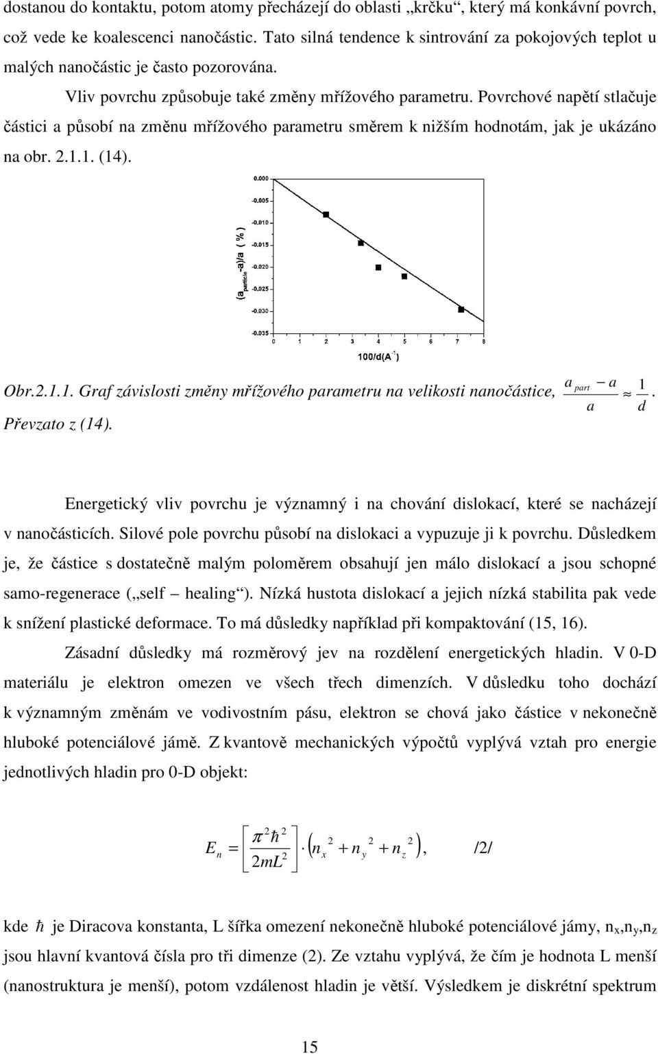 Povrchové napětí stlačuje částici a působí na změnu mřížového parametru směrem k nižším hodnotám, jak je ukázáno na obr. 2.1.