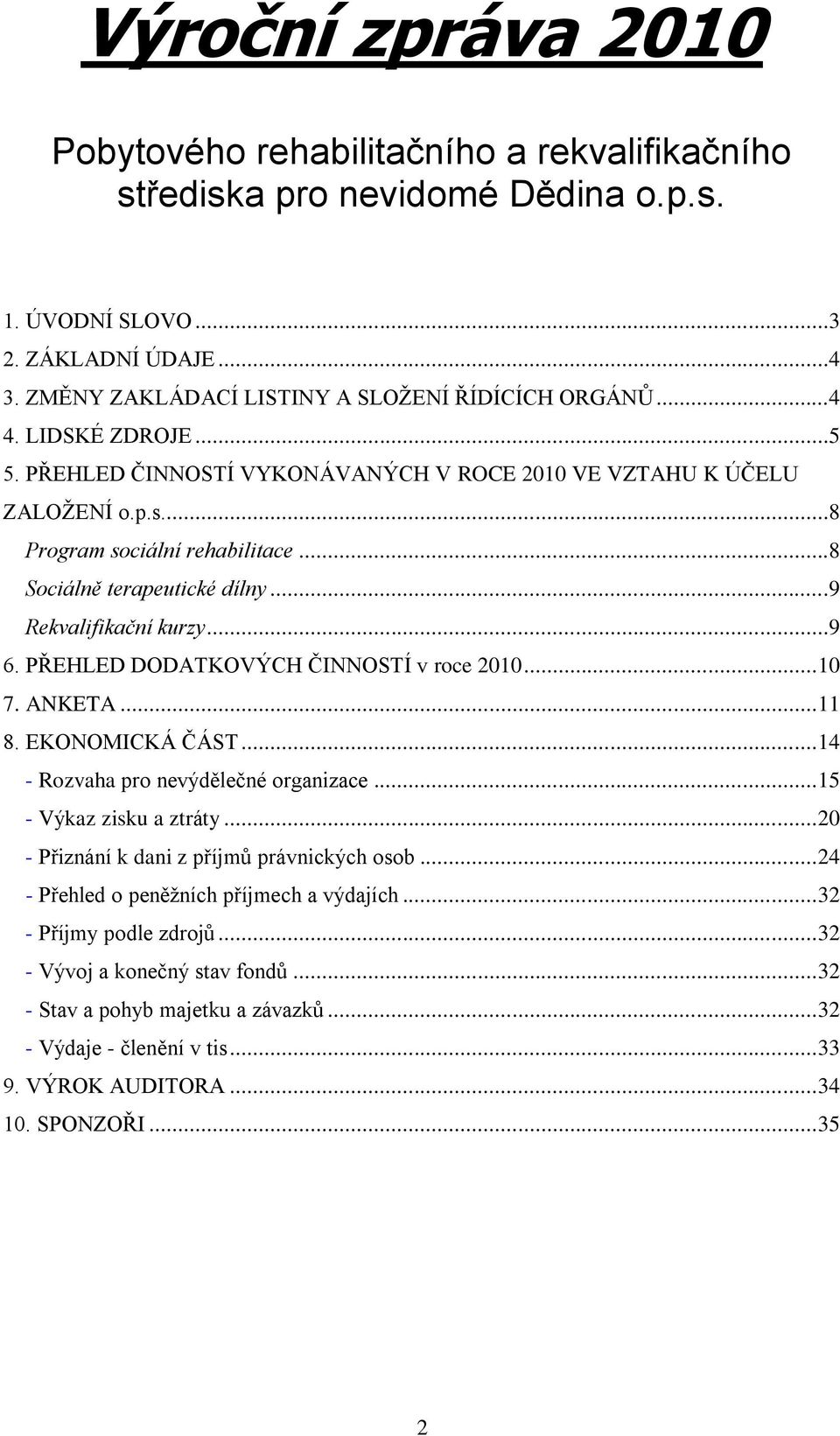 PŘEHLED DODATKOVÝCH ČINNOSTÍ v roce 2010... 10 7. ANKETA... 11 8. EKONOMICKÁ ČÁST... 14 - Rozvaha pro nevýdělečné organizace... 15 - Výkaz zisku a ztráty.