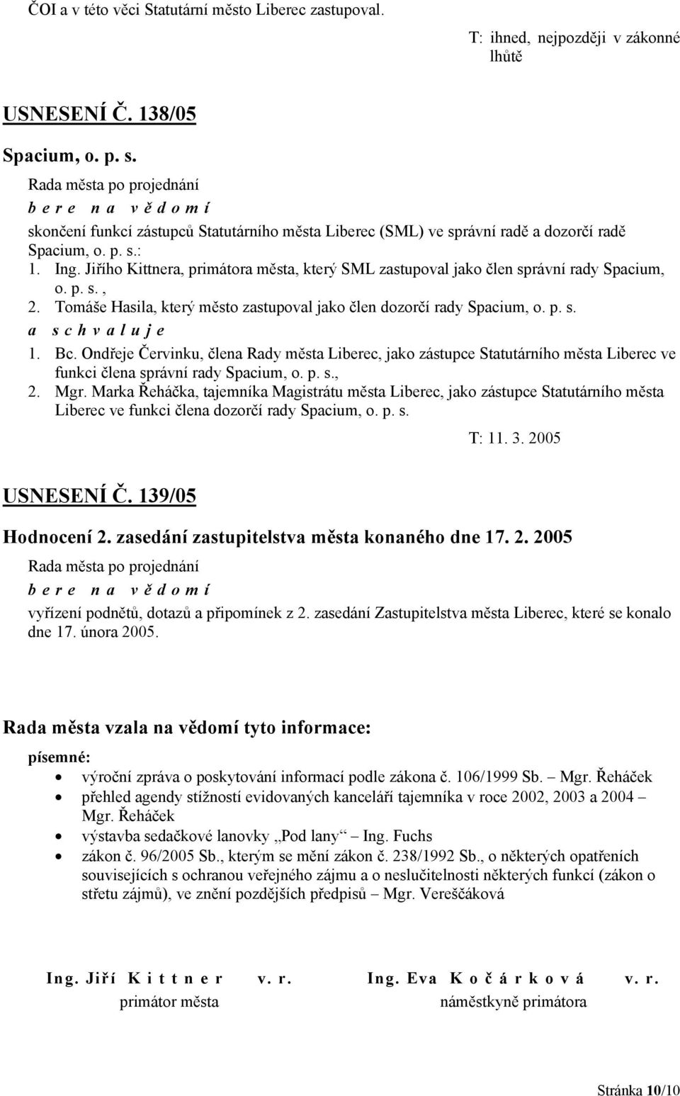 Jiřího Kittnera, primátora města, který SML zastupoval jako člen správní rady Spacium, o. p. s., 2. Tomáše Hasila, který město zastupoval jako člen dozorčí rady Spacium, o. p. s. a 1. Bc.