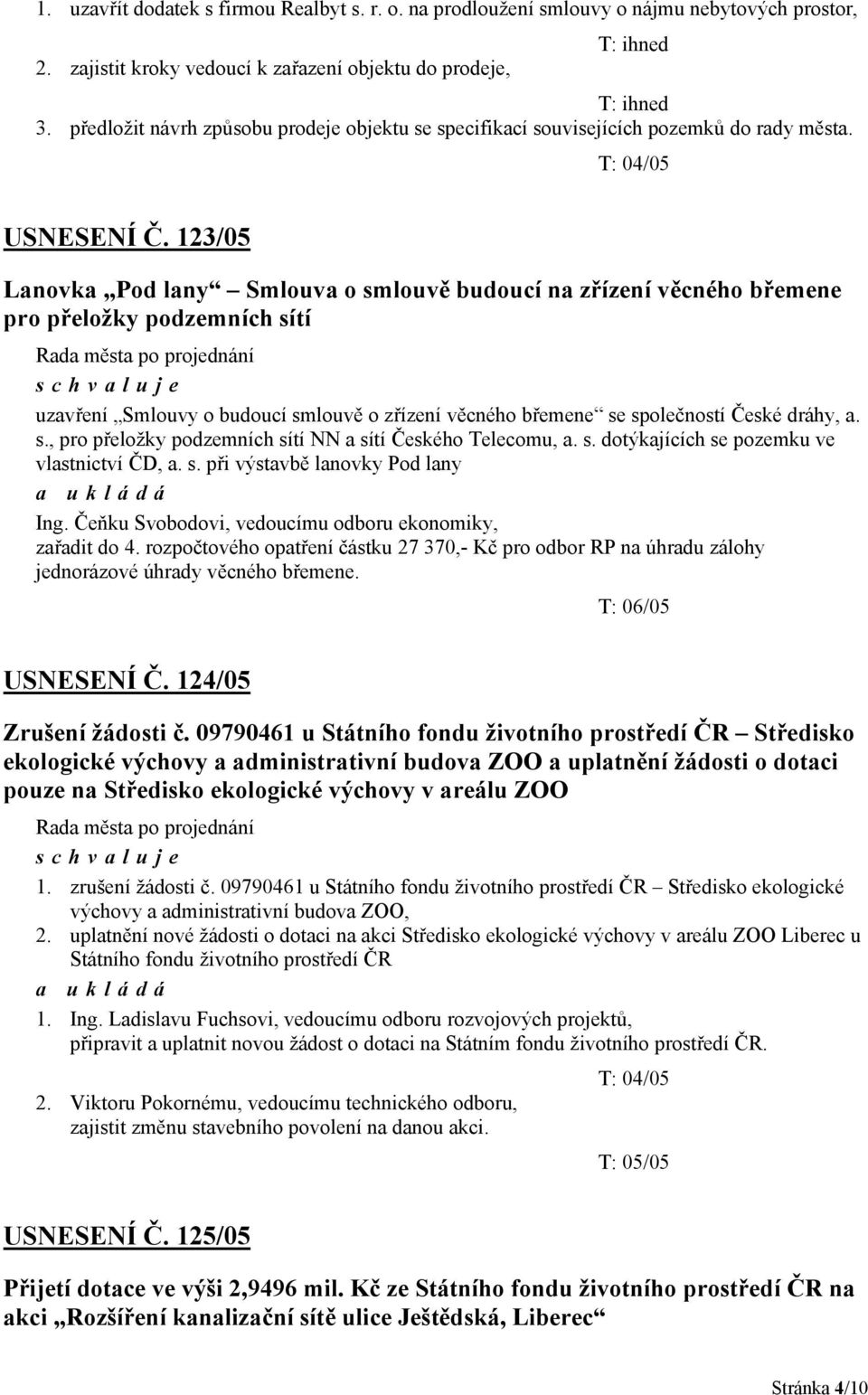 123/05 Lanovka Pod lany Smlouva o smlouvě budoucí na zřízení věcného břemene pro přeložky podzemních sítí uzavření Smlouvy o budoucí smlouvě o zřízení věcného břemene se společností České dráhy, a. s., pro přeložky podzemních sítí NN a sítí Českého Telecomu, a.