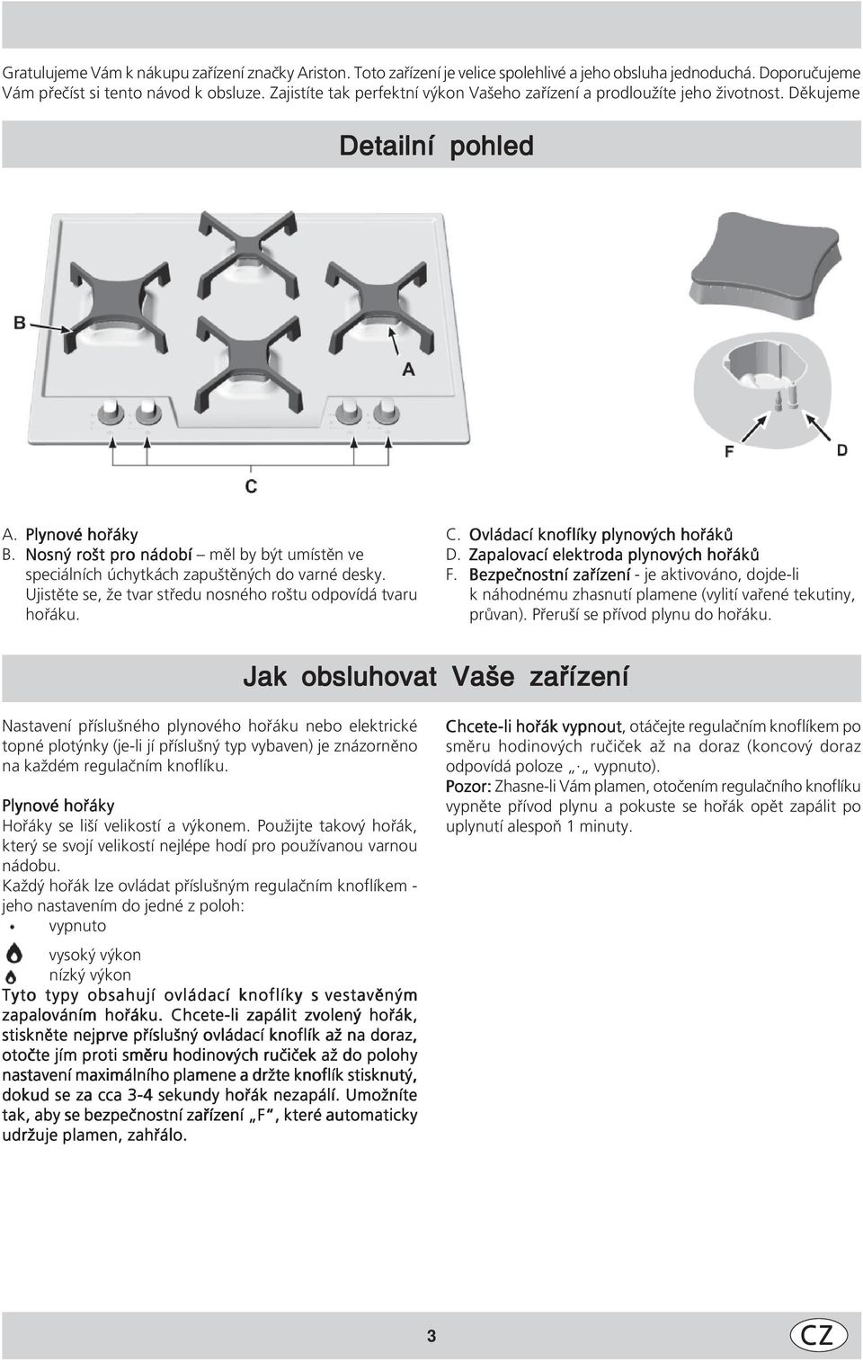 Nosný rošt pro nádobí měl by být umístěn ve speciálních úchytkách zapuštěných do varné desky. Ujistěte se, že tvar středu nosného roštu odpovídá tvaru hořáku. C. Ovládací knoflíky plynových hořáků D.