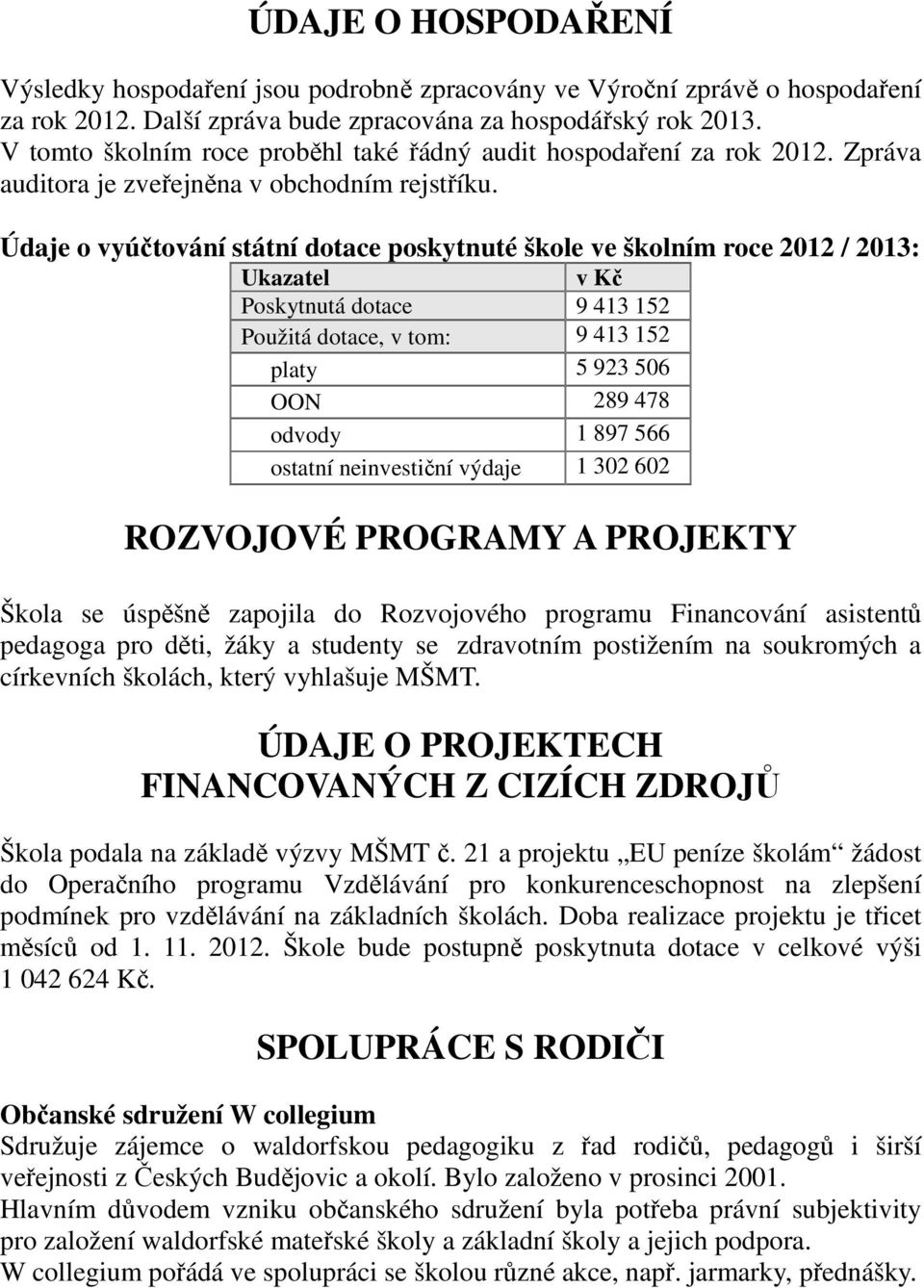 Údaje o vyúčtování státní dotace poskytnuté škole ve školním roce 2012 / 2013: Ukazatel v Kč Poskytnutá dotace 9 413 152 Použitá dotace, v tom: 9 413 152 platy 5 923 506 OON 289 478 odvody 1 897 566