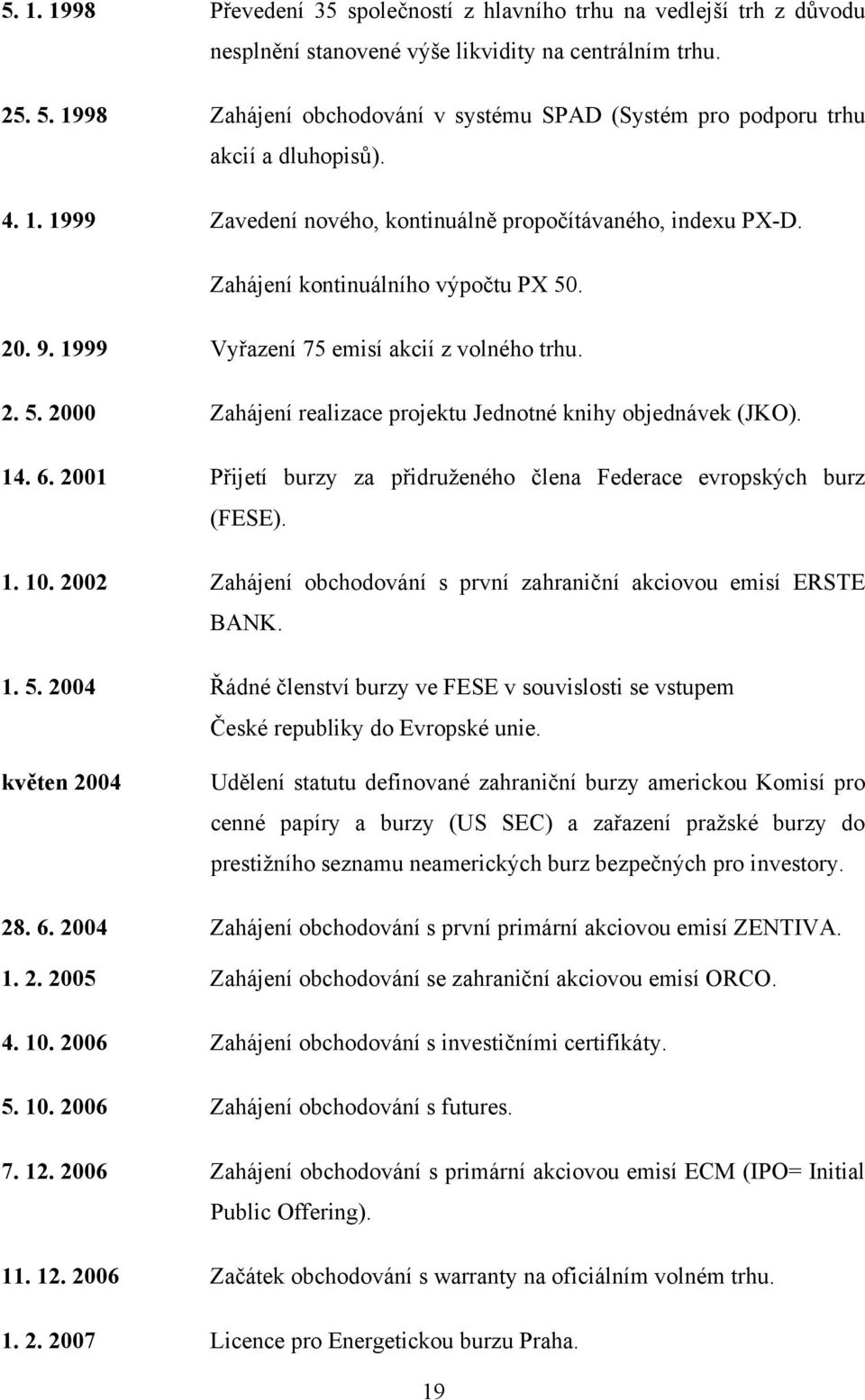 1999 Vyřazení 75 emisí akcií z volného trhu. 2. 5. 2000 Zahájení realizace projektu Jednotné knihy objednávek (JKO). 14. 6. 2001 Přijetí burzy za přidruţeného člena Federace evropských burz (FESE). 1. 10.