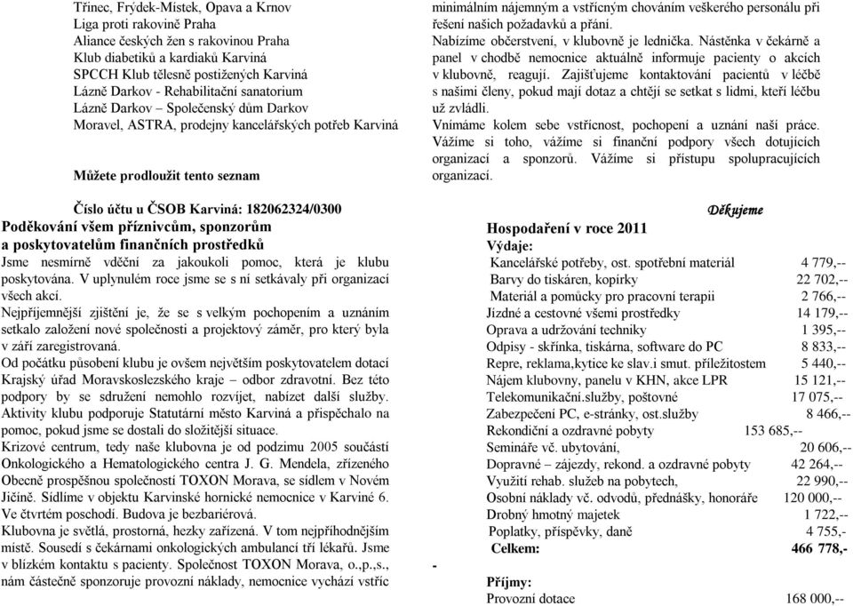 personálu při řešení našich požadavků a přání. Nabízíme občerstvení, v klubovně je lednička. Nástěnka v čekárně a panel v chodbě nemocnice aktuálně informuje pacienty o akcích v klubovně, reagují.