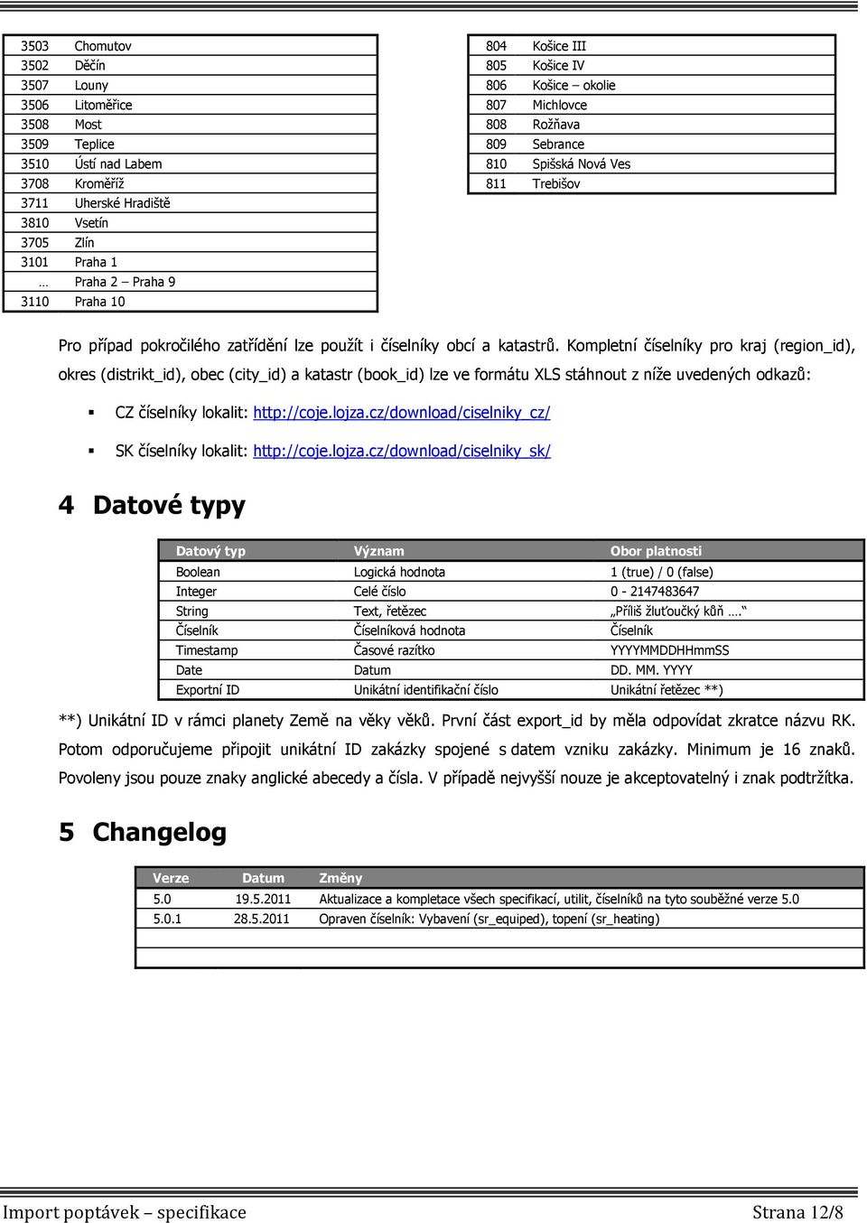 Kompletní číselníky pro kraj (region_id), okres (distrikt_id), obec (city_id) a katastr (book_id) lze ve formátu XLS stáhnout z níže uvedených odkazů: CZ číselníky lokalit: http://coje.lojza.