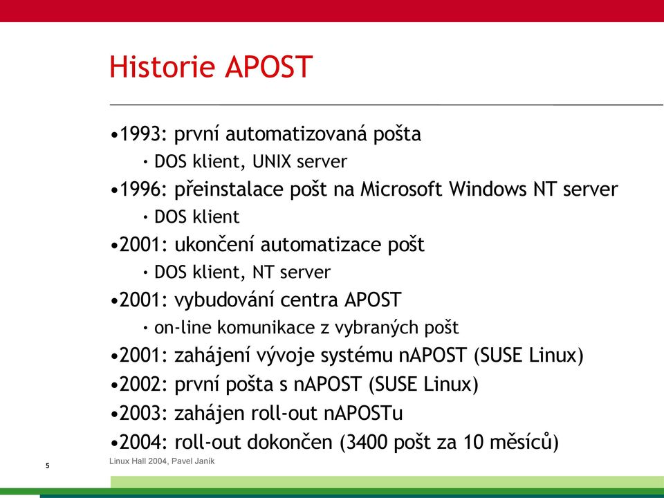vybudování centra APOST on-line komunikace z vybraných pošt 2001: zahájení vývoje systému napost (SUSE