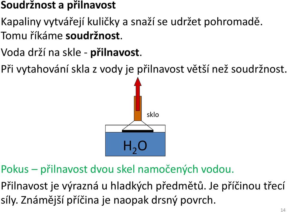 Při vytahování skla z vody je přilnavost větší než soudržnost.