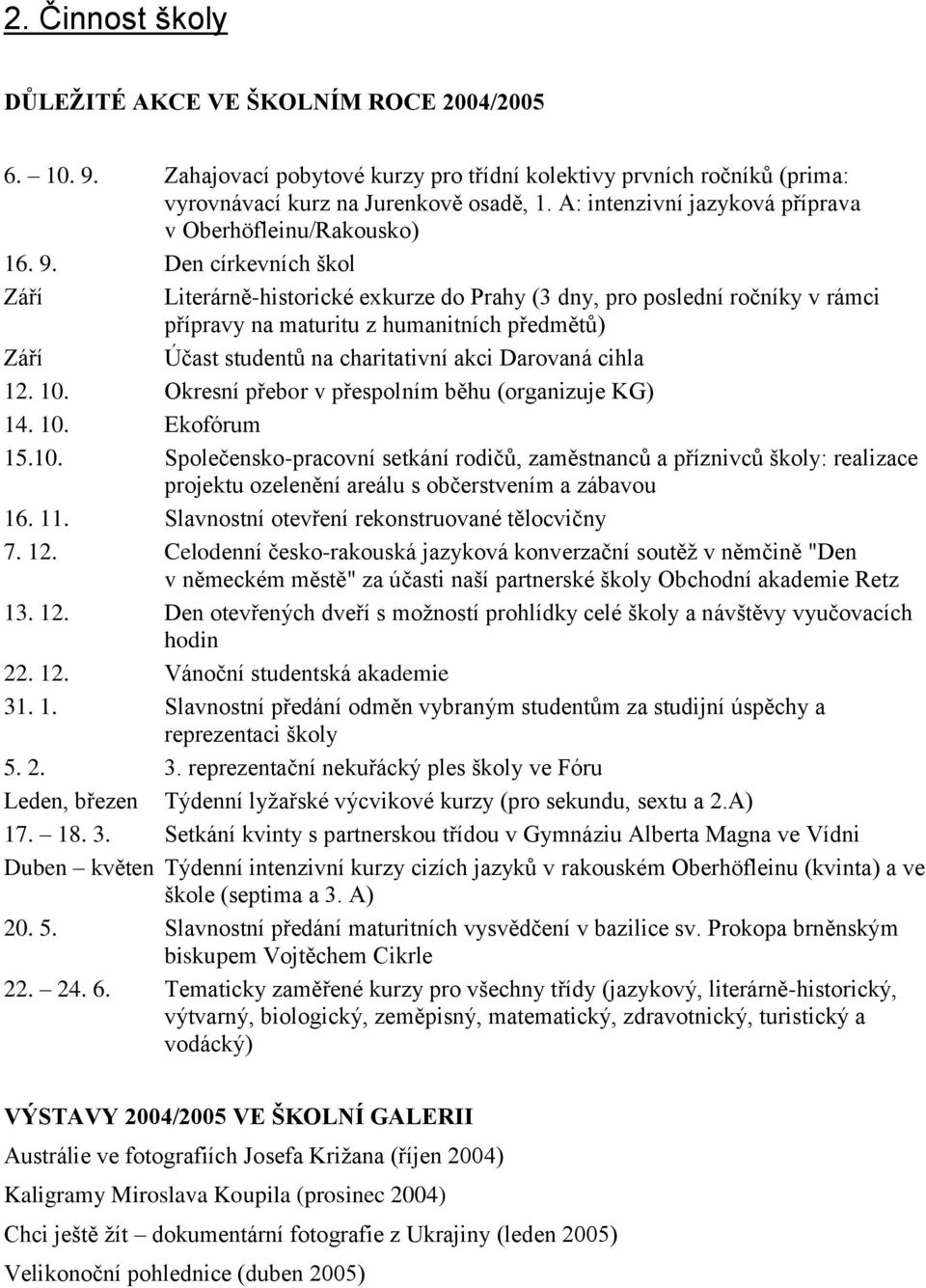 Den církevních škol Září Literárně-historické exkurze do Prahy (3 dny, pro poslední ročníky v rámci přípravy na maturitu z humanitních předmětů) Září Účast studentů na charitativní akci Darovaná