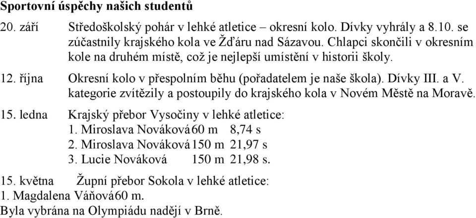 a V. kategorie zvítězily a postoupily do krajského kola v Novém Městě na Moravě. 15. ledna Krajský přebor Vysočiny v lehké atletice: 1. Miroslava Nováková 60 m 8,74 s 2.