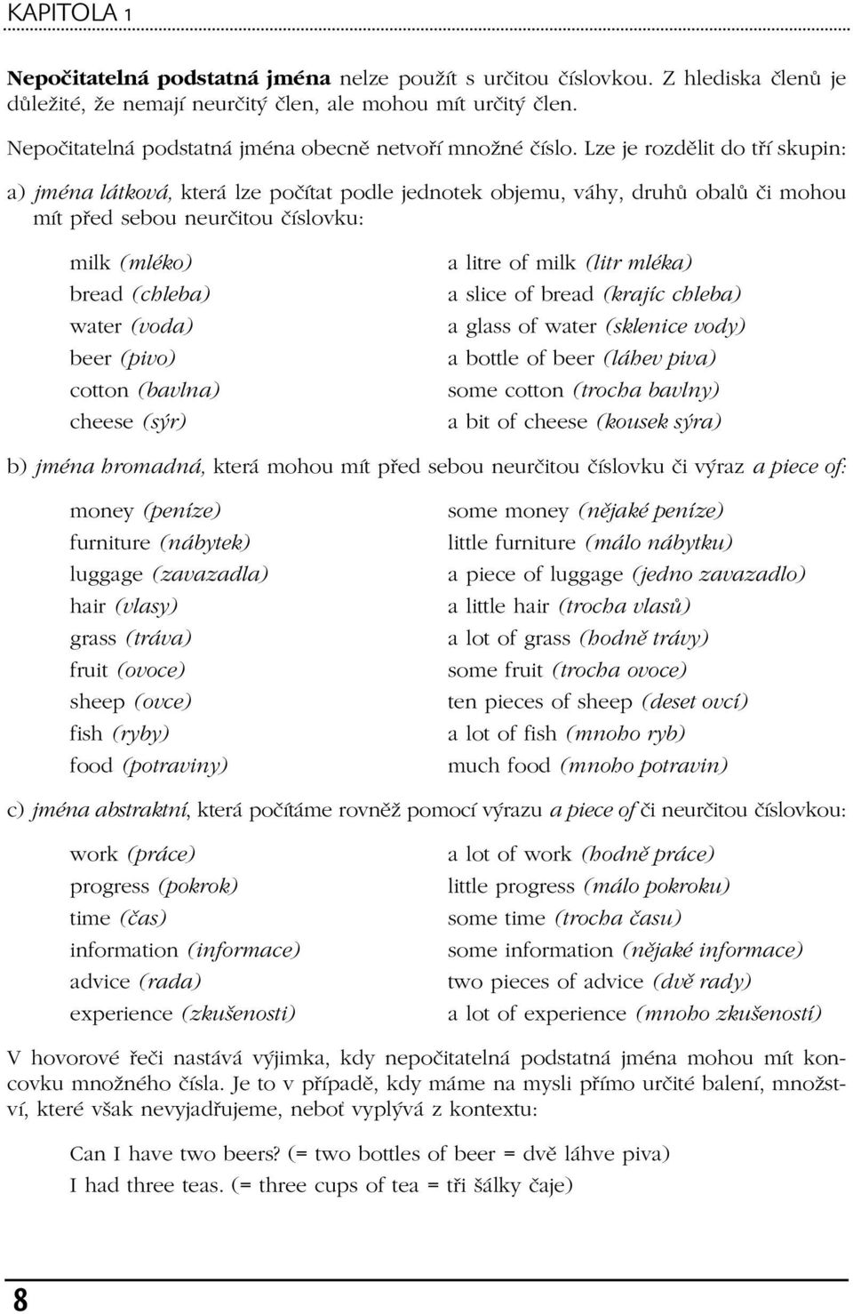 Lze je rozdělit do tří skupin: a) jména látková, která lze počítat podle jednotek objemu, váhy, druhů obalů či mohou mít před sebou neurčitou číslovku: milk (mléko) bread (chleba) water (voda) beer