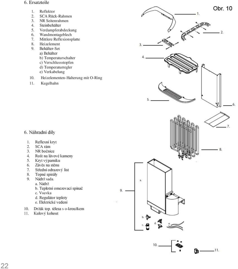 Temperaturschalter c) Verschlussstopfen d) Temperaturregler e) Verkabelung 10. Heizelementen-Halterung mit O-Ring 11. Kugelhahn 6. Náhradní díly 1. 2. 3. 4. 5. 6. 7.