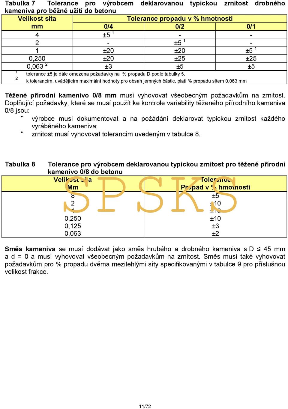 k tolerancím, uvádějícím maximální hodnoty pro obsah jemných částic, platí % propadu sítem 0,063 mm Těžené přírodní kamenivo 0/8 mm musí vyhovovat všeobecným požadavkům na zrnitost.