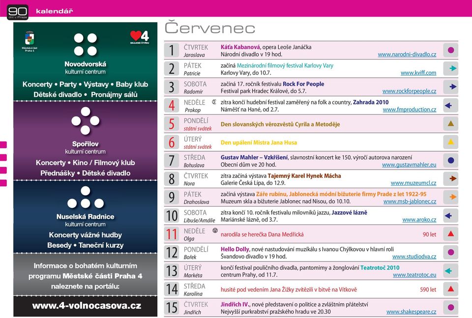 cz Červenec 1 Jaroslava 2 Patricie 3 Radomír 4 Prokop 5 státní svátek 6 státní svátek 7 Bohuslava 8 Nora 9 Drahoslava 10 Libuše/Amálie 11 Olga 12 Bořek 13 Markéta 14 Karolína 15 Jindřich 15 Káťa